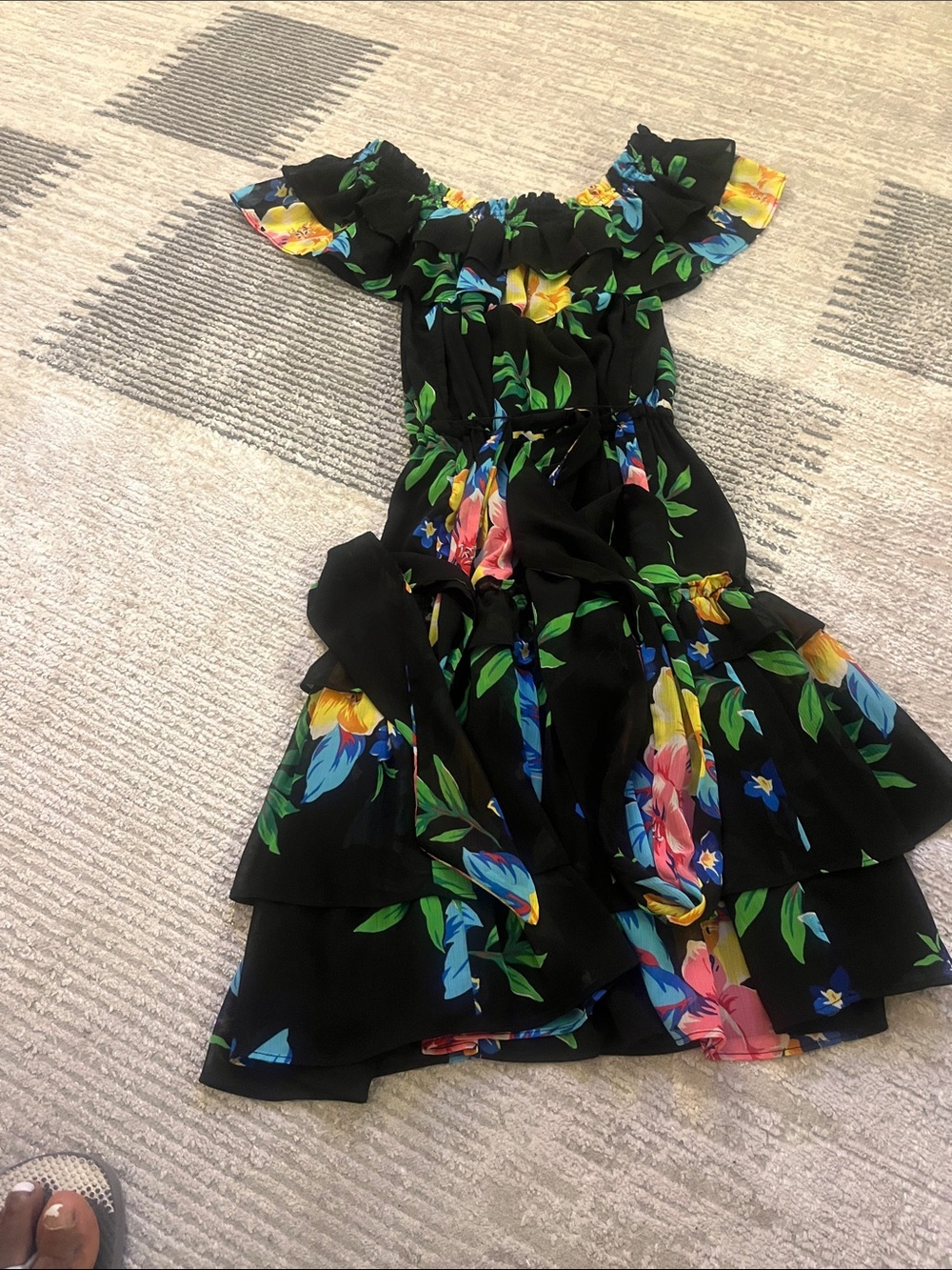 Lauren Ralph Lauren Black Floral Off-Shoulder Ruffled Tiered Dress